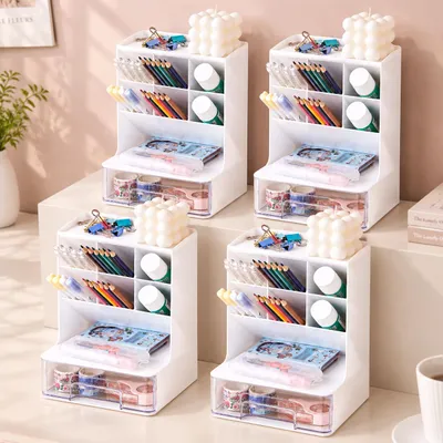 Produktbild von 360Home 4er-Set Schreibtisch Organizer, großer Aufbewahrungsbehälter mit Stiftehalter und Kosmetikhalter, Weiß