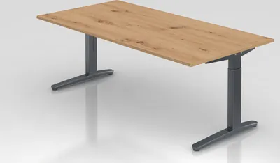 Produktbild von Schreibtisch Mika | Asteiche | Graues Gestell | BxT 200x100cm | Arbeitshöhe 65-85cm | höhenjustierbar, 1cm Raster | C-Fuß-Gestell | Rechteckform