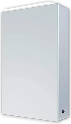 A mirrored cabinet with a light strip at the top, shown from a slight angle.