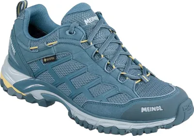 A single blue hiking shoe is shown from a three-quarter side view against a white background.