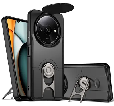 Image de Coque de téléphone pour Xiaomi Poco C75 / Redmi 14C / Redmi A3 Pro avec protection pour l'appareil photo et anneau de fixation/support, coque hybride résistante aux chocs, noire