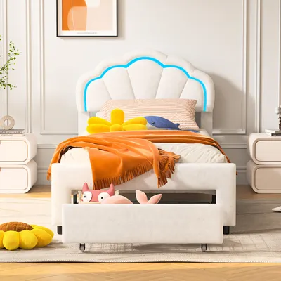 Produktbild von UnboxG Polsterbett 90 x 200 cm mit LED-Beleuchtung,Einzelbett Stauraumbett mit Schubladen und Höhenverstellbarem Kopfteil, Weiß