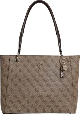 A studio shot of a brown tote bag with a repeating pattern.