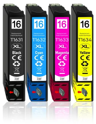 Four printer ink cartridges lined up on a white background.