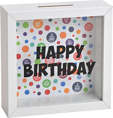 Produktbild von Weiße Spardose "Happy Birthday" mit Glasfront