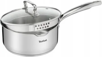 A stainless steel pot with a glass lid and a handle, shown on a white background.