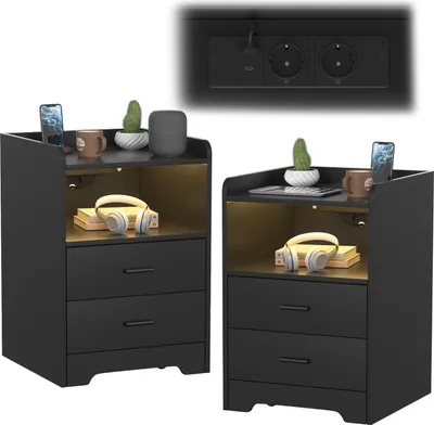 Produktbild von Faziango Nachttisch Sofatisch mit LED-Beleuchtung, Nachtschrank mit Ladestation Schwarz 1pcs(1-St), 2 Schubladen für Schlafzimmer, Wohnzimmer Schwarz