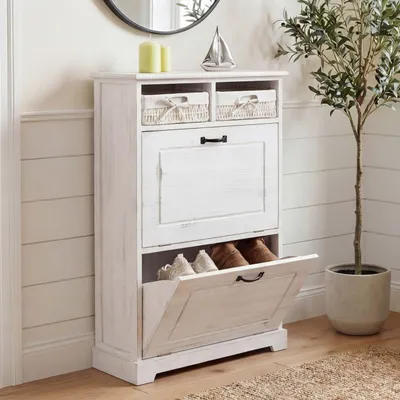 Immagine prodotto di Scarpiera HWC-H19, scarpiera porta scarpe, cestino in legno massiccio effetto shabby 100x60x24cm ~ bianco