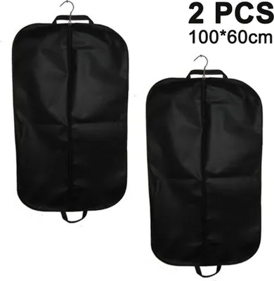 Produktbild von 2er-Pack hochwertige, schwarze, atmungsaktive Reise- und Aufbewahrungstaschen für Kleidung, 66 x 107 x 13 cm, mit Reißverschluss, Öse und Tragegriffen zum Zusammenfalten, für Anzüge, Smokings, Kleider und Mäntel