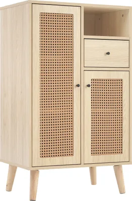 Produktbild von Merax Kommode Highboard mit 2 Türen Rattangeflecht und  Schublade, Sideboard aus Holz, Anrichte Stehschrank, 60x40x101cm, Eiche