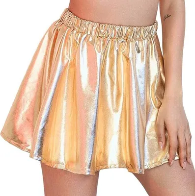 Produktbild von Damen Glänzender Faltenrock in Metallic-Optik, Mini Skater-Rock mit Elastischem Bund, Rave Party Rock, Tanz-Performance Kostüm für Frauen und Mädchen