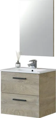 Produktbild von Unter dem Waschtisch Fontana, Badezimmerschrank mit 2 Schubladen, Hängeschrank mit Spiegel, Waschbecken nicht enthalten, 60x45h57 cm, Eiche