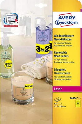 Zdjęcie produktu dla Avery Zweckform L6004-25 Etykiety w kolorach specjalnych, 63,5 x 29,6 mm, 25 arkuszy/675 etykiet, neonowy żółty