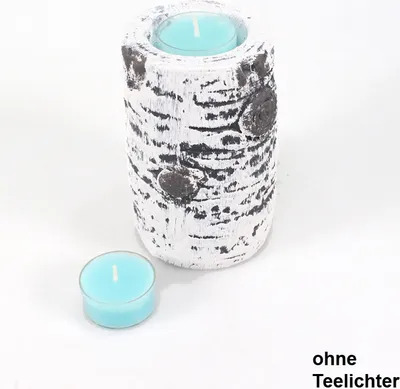 Produktbild von Teelichthalter Birkenoptik Ø7,5cm H12cm weiß Holzstruktur Ton Teelichtständer