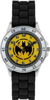 A close-up studio shot of a Batman-themed children's watch against a white background.