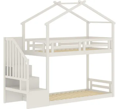 Produktbild von Etagenbett im Baumhausstil mit Holztreppe "Oriana" – 90 x 190 cm – Beige