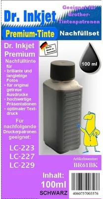 Produktbild von BR61BK - Black - Dr.Inkjet Premium Nachfülltinte für Brother Druckerpatronen für LC-221 / LC-223 / LC-225 / LC-227 / LC-229