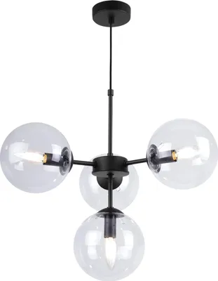 Produktbild von Hängelampe Schwarz mit Metallkonstruktion und 4 transparenten Glas Kugelschirmen 15cm E14