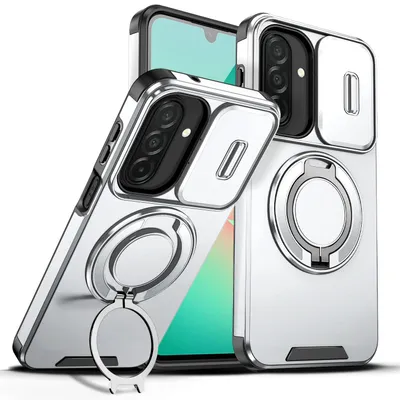 Obrázek produktu pro Dvouvrstvé pouzdro pro Samsung Galaxy A27, s posuvným krytem fotoaparátu a magnetickým kroužkovým stojánkem Stříbrná
