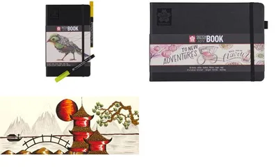 A collage of three images: a black sketchbook with a bird illustration and a yellow marker, another black sketchbook with a decorative band, and a Japanese-style landscape painting.
