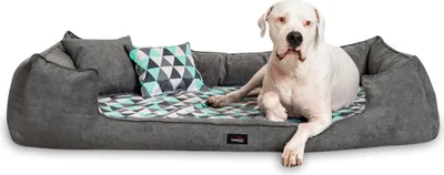 Produktbild von tierlando® Orthopädisches Hundebett VELVET Samt Velours Dreiecke geometrisch - Größe: 130x100cm | Farbe: 0213 Graphit-Türkis