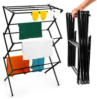 Produktbild von Wäscheständer, platzsparender Wäscheständer, Wäschehänger, 6 Ebenen & 11 Stangen, Zusammenklappbarer Kleidungstrockner, Schwarz