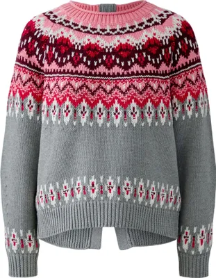 Produktbild von Oui Pullover, grau-rot, Größe 34, lässig geschnitten, Raglan, hoher Rippenkragen, Pailletten im Norwegermuster
