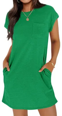 Produktbild von Imily Bela Sommerliches T-Shirt-Kleid für Damen, lässiges, kurzärmeliges, locker geschnittenes Minikleid mit Rundhalsausschnitt und Taschen