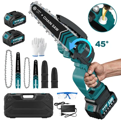 Produktbild von Mini Akku Kettensäge 6 & 8 Zoll, bürstenloser Motor, 1000W 45° Schwenkbare Elektro Kettensäge Einhand Kettensäge mit 2×4.0Ah Akkus und Ladegerät