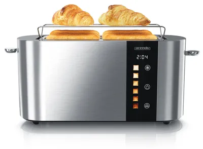 Obrázok produktu pre Arendo hriankovač na 4 plátky, hriankovač s dlhou štrbinou, dlhá štrbina, nerezová oceľ, 1500 W, displej s ukazovateľom zostávajúceho času, stojan na žemle, funkcia rozmrazovania, tepelne izolačný kryt, dotykový displej, strieborný