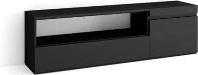 A black TV cabinet is shown against a white background.