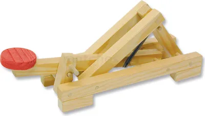 A wooden catapult model with a red projectile on a white background.