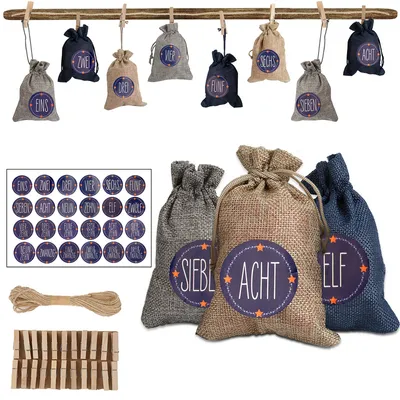 Produktbild von Yakimz Adventskalender zum Befüllen Weihnachten Säckchen Decor 24 Stoffbeutel Blau /weiß /grau