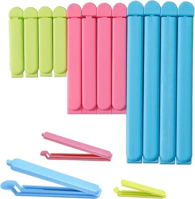 Produktbild von PolkaHome® Wäscheklammern für Lebensmittel, Mehrfarbig, Wiederverwendbar, Kunststoff, 7/11/16 cm, Clipsverschluss, 12 Stück