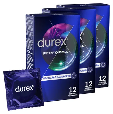 Produktbild von Durex Performa Kondome – Angenehmen Geruch, komfortablen Sitz und leichtes Abrollen – Mit 5% benzocainhaltigem Gel in der Kondomspitze – Befeuchtet & transparent – 36er Pack (3 x 12 Stück)