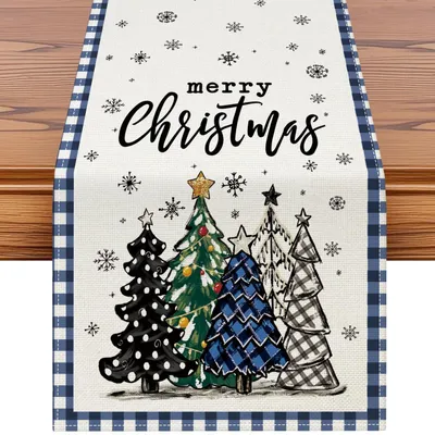 Produktbild von Tischläufer Weihnachten Dunkelblau Plaid 40x140 cm Polyester Leinen