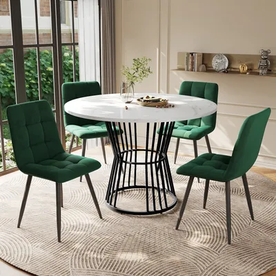 Productafbeelding van MODFU Eettafelset, set voor de keuken (5-delig), fluweelzachte eettafelsstoelen in groen, met 4 stoelen, ronde eettafel met een diameter van 100 cm en zwarte metalen poten, wit MDF tafelblad