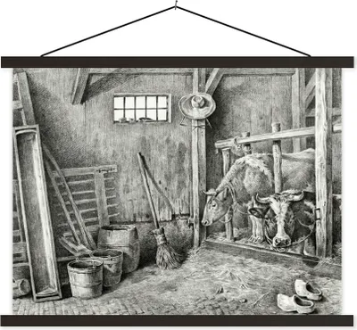 Produktbild von MuchoWow® Textilposter Pferdestall mit zwei Kühen - Gemälde von Jean Bernard 120x90 cm mit schwarzem Rahmen - Aufhänger für Poster