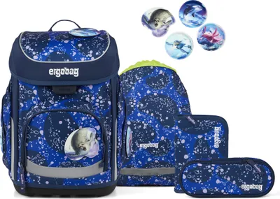 A set of school bags and accessories with a blue, speckled pattern, featuring marine-themed patches.