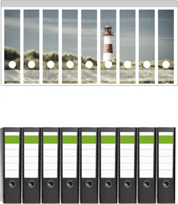 Produktbild von Wallario 9 Stück breite Ordner inkl. Klebeetiketten mit Motive Leuchtturm auf der Düne am Strand -  Set mit Rückenschildern / Ordnerrücken Stickern