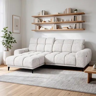 Produktbild von Ecksofa L-Form MARCO MINI 275 x 182 cm Linke, Modernes Sofa mit elektrische Sitztiefenverstellung, verstellbare Kopfstützen, Creme Chenille