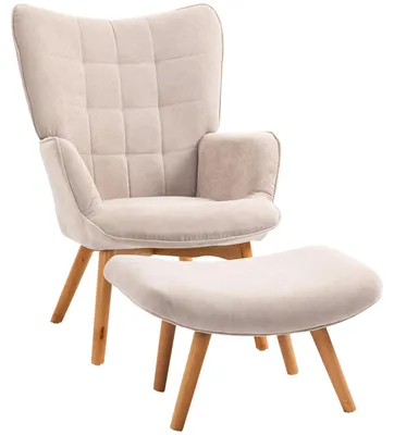 Productafbeelding van Fauteuil met voetenbankje, relaxfauteuil met corduroy-look, fauteuil met houten poten, voor de woonkamer, beige