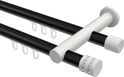 Produktbild von Interdeco Innenlaufstange / Gardinenstange mit Innenlauf Schwarz / Weiß, Typ Platon Estana (Glitzerkappe), 20 mm Ø 2-läufig, 360 cm
