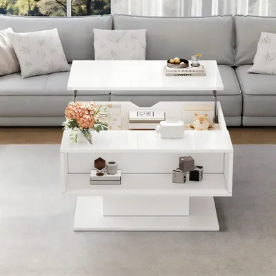 Produktbild von Couchtisch 80 x 75 x 40 cm, 100% Spanplatte, Weiß, anhebbar bis 54 cm, mit verstecktem Stauraum, halboffener Ablage und LED