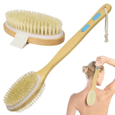 Image de Brosse pour le dos, brosse de massage, brosse de bain, brosse de douche double face à poils naturels, brosse pour le corps, brosse en bois à long manche pour l'exfoliation, le massage, l'amélioration de la circulation sanguine et la lutte contre la cellulite (D-2PCS)