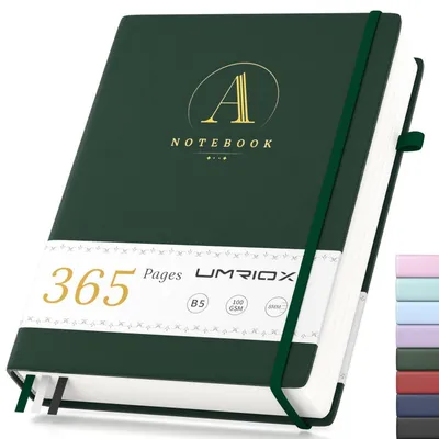 Image de Cahier B5, format ligné, couverture rigide, 365 pages, papier 100 g/m², couleur verte, dimensions 17,8 x 25 cm