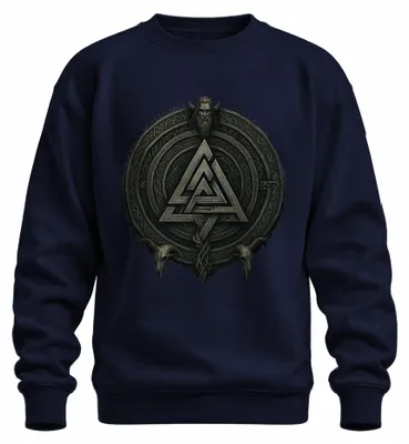 Imagen del producto de Sudadera uni con estampado del Valknut, símbolo vikingo, runa, mitología, cráneo. Color azul marino, talla M
