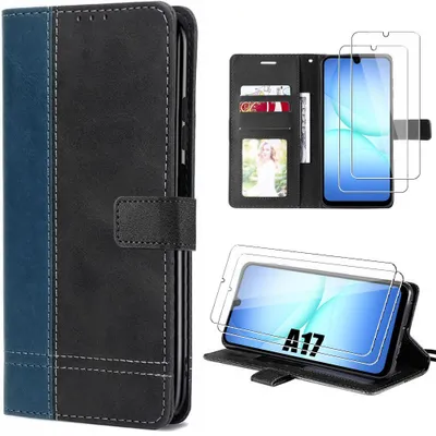 Image de Coque + 2 Verres Trempés pour Samsung Galaxy A17 5G/4G, Protection Cuir Synthétique Bleu Marine/Noir