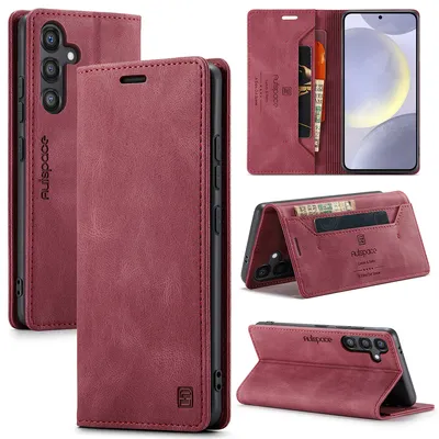 Image de Étui pour Samsung Galaxy S24+, étui rétro en cuir PU, support et étui de protection rouge