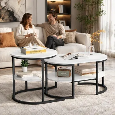 Imagen del producto de Conjunto de 2 mesas auxiliares, mesa de centro 2 en 1 con espacio de almacenamiento, mesa de sofá moderna de forma ovalada con aspecto de mármol, estructura de metal, mesas auxiliares para el salón, juego de mesas auxiliares ( y blanco)